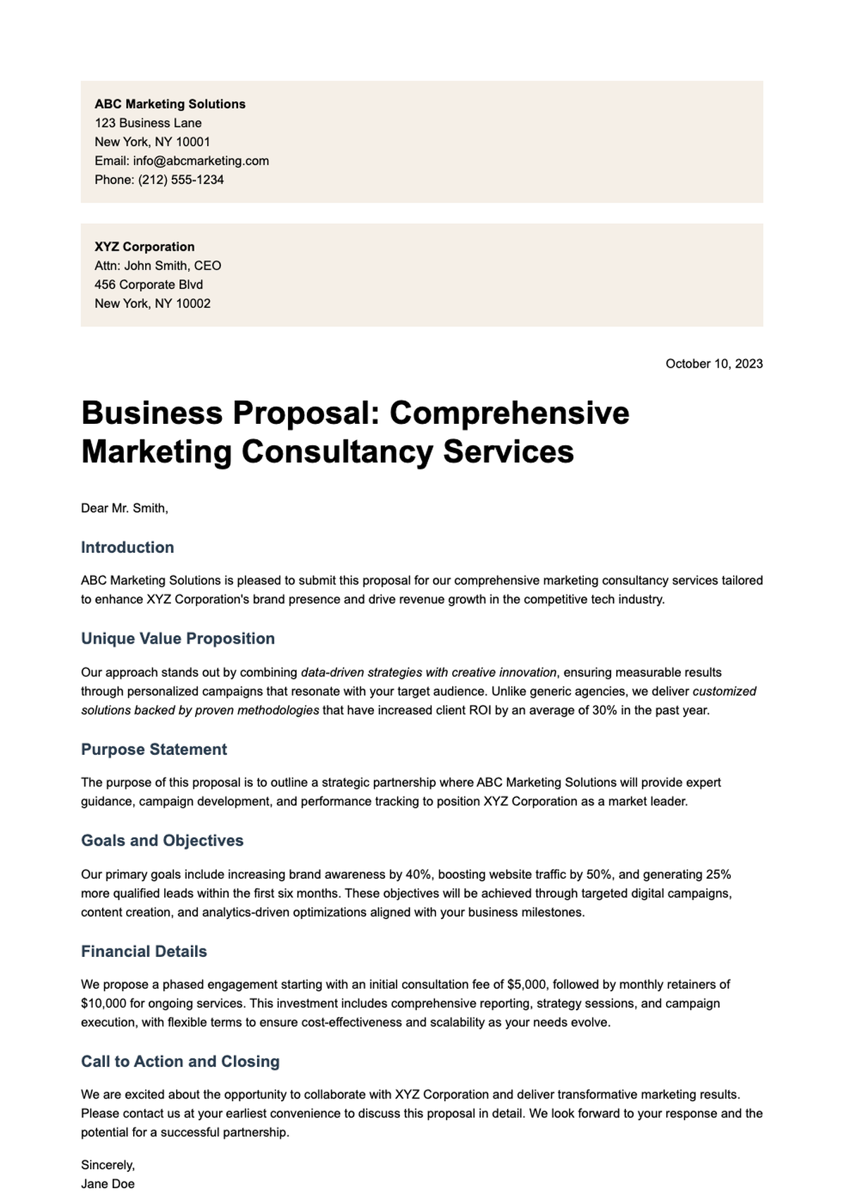 Professional proposal letter template with placeholder fields and structured sections_variant_1